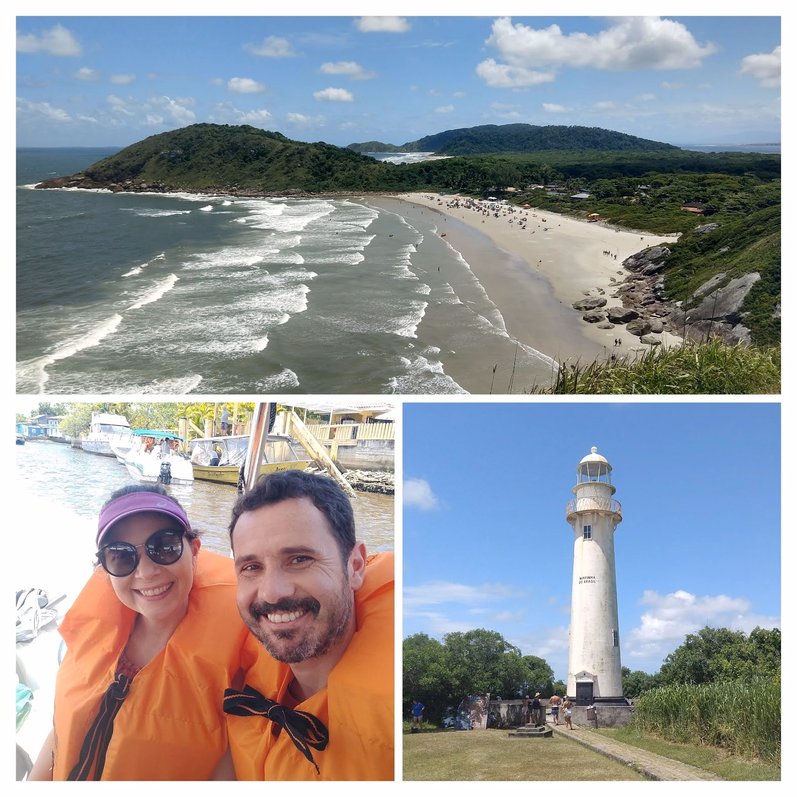 A imagem apresenta uma colagem de três fotos. A que está na parte de cima mostra a Praia de Fora, a que está na parte esquerda inferior mostra eu e a Ju dentro da voadeira e a que está na parte direita inferior mostra o Farol das Conchas