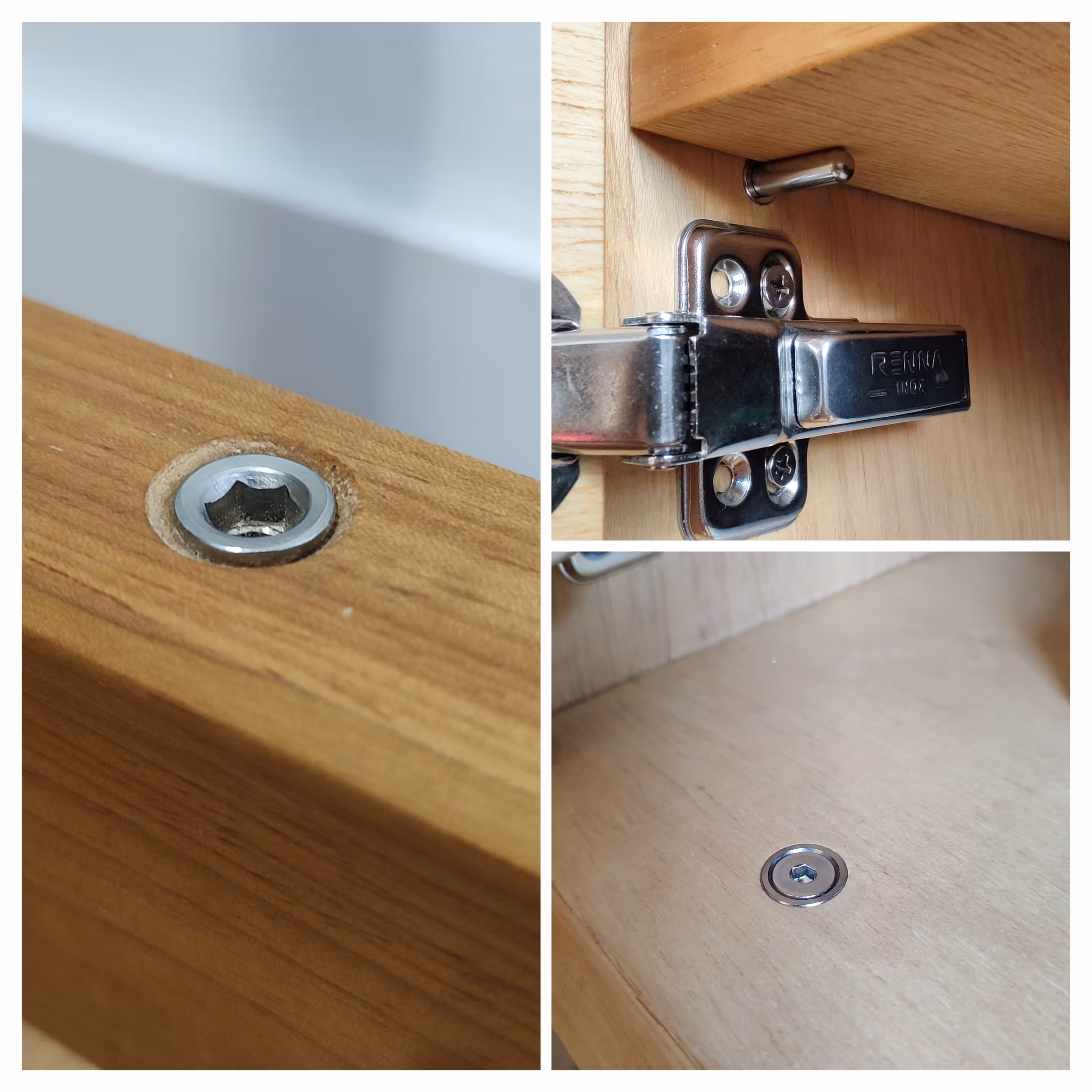 Montagem com 3 fotos: na primeira, porcas de inserção em aço inox fixadas na estrutura; na segunda, um pino suporte das prateleiras; na terceira, um parafuso Allen com arruela côncava fixando a caixa à estrutura.