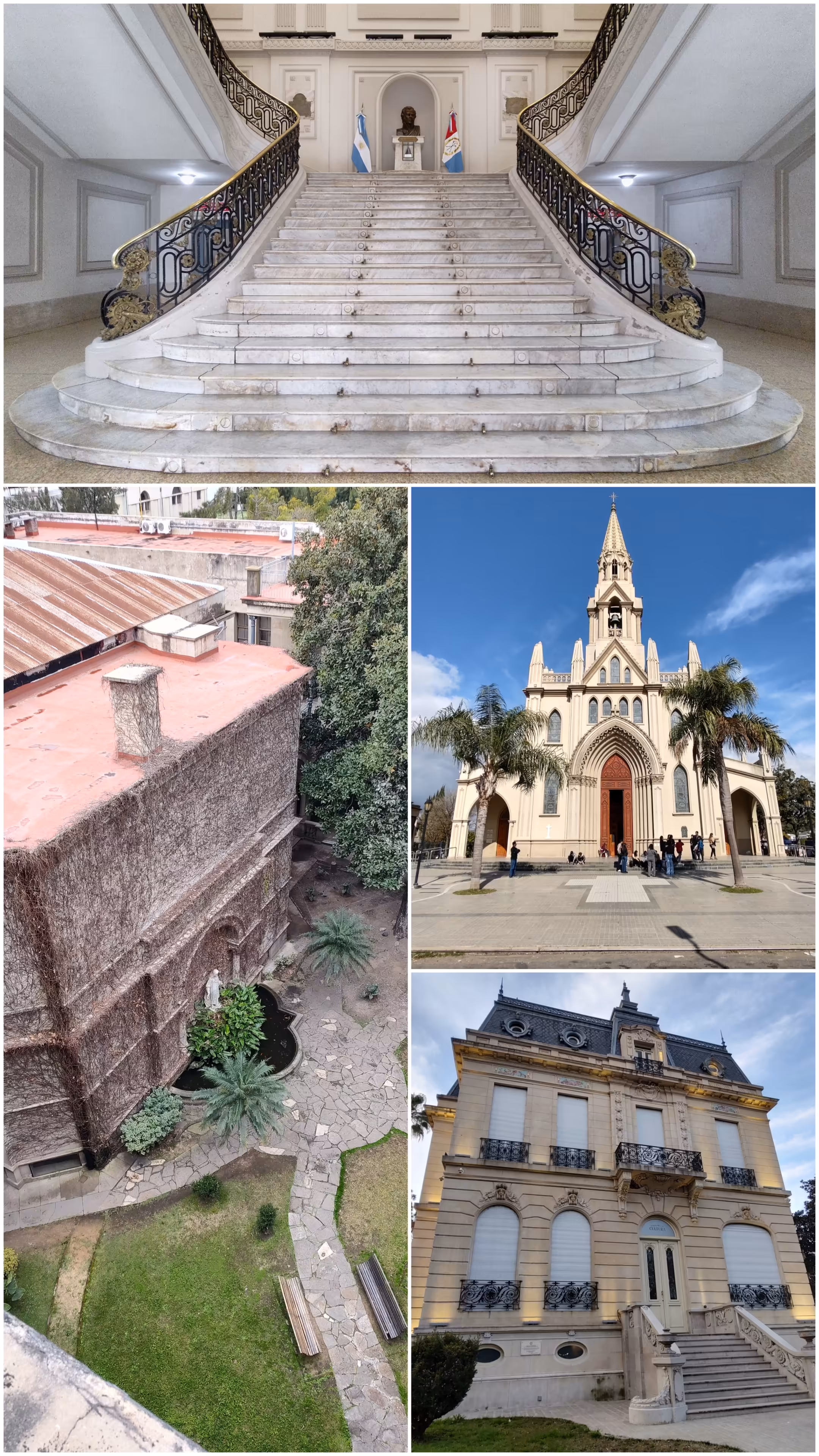 Na parte superior, a escadaria de mármore de Carrara presente na Casa de Gobierno. No centro/direita, a Basílica Nuestra Señora de Guadalupe. Em baixo/direita, a Casa de la Cultura de la Ciudad de Santa Fe. Na esquerda, um dos pátios da Manzana Jesuítica. Na parte superior, a escadaria de mármore de Carrara presente na Casa de Gobierno. No centro/direita, a Basílica Nuestra Señora de Guadalupe. Em baixo/direita, a Casa de la Cultura de la Ciudad de Santa Fe. Na esquerda, um dos pátios da Manzana Jesuítica